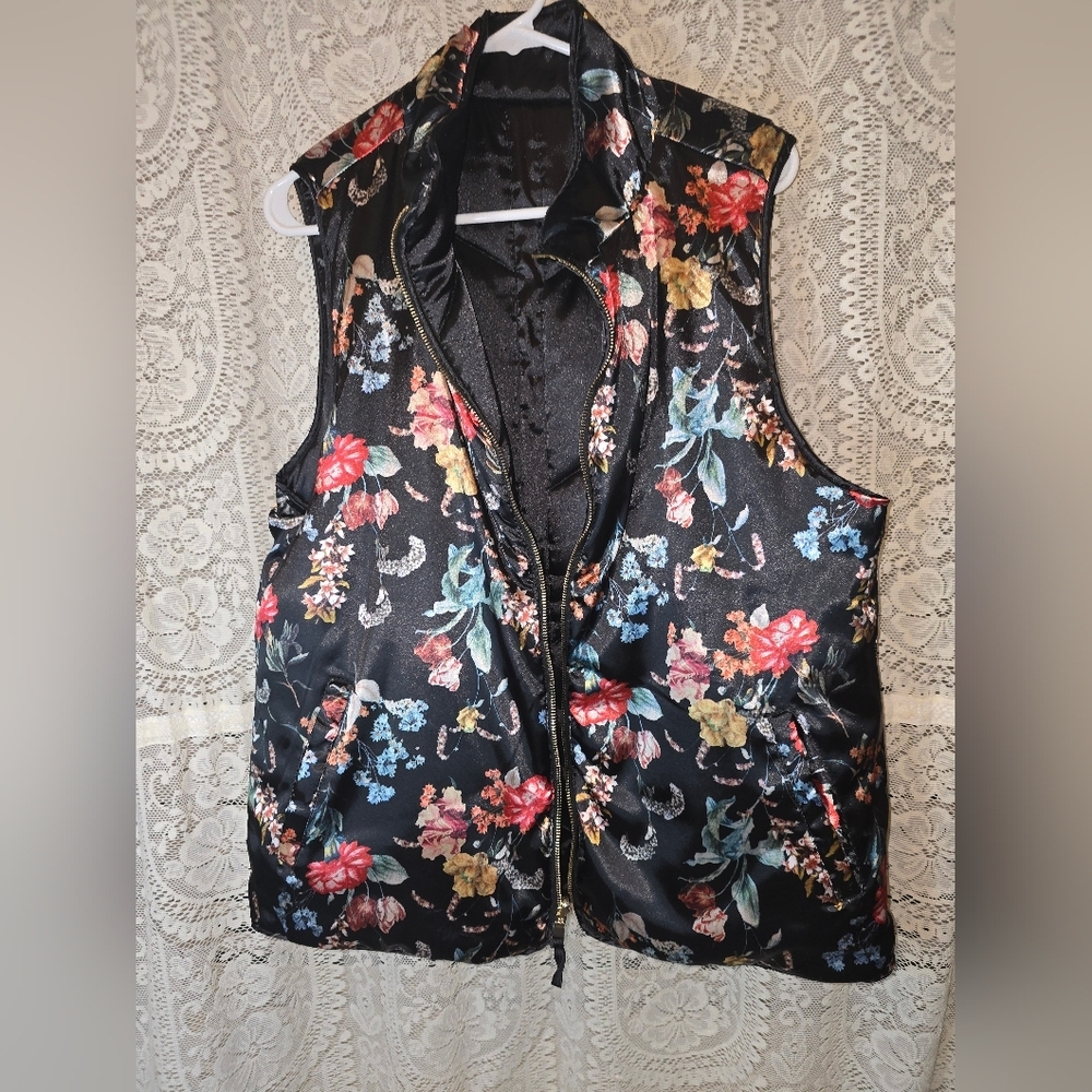 Kensie Jeans Womens Reversible Puff Vest, Floral Vest, Black Vest, Zipper XL